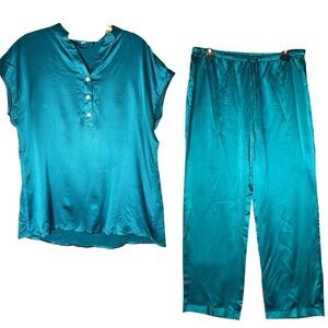 LilySilk 100% Silk Short Sleeve Pajama Set Shirt and Pants Blue Matching Set L